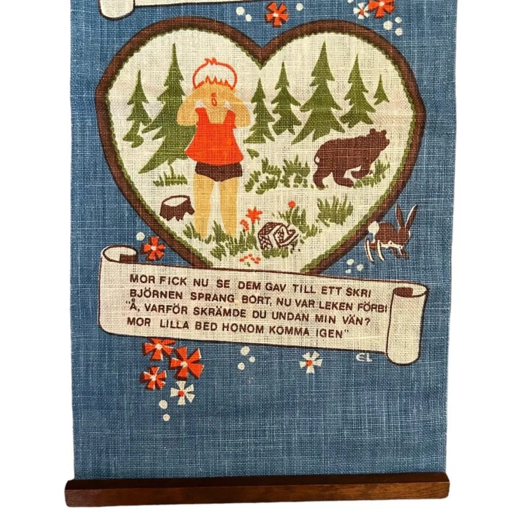 Vintage Mid-Century Scandinavian Textile Art Wall Hanging Retro Boy & Bear Story